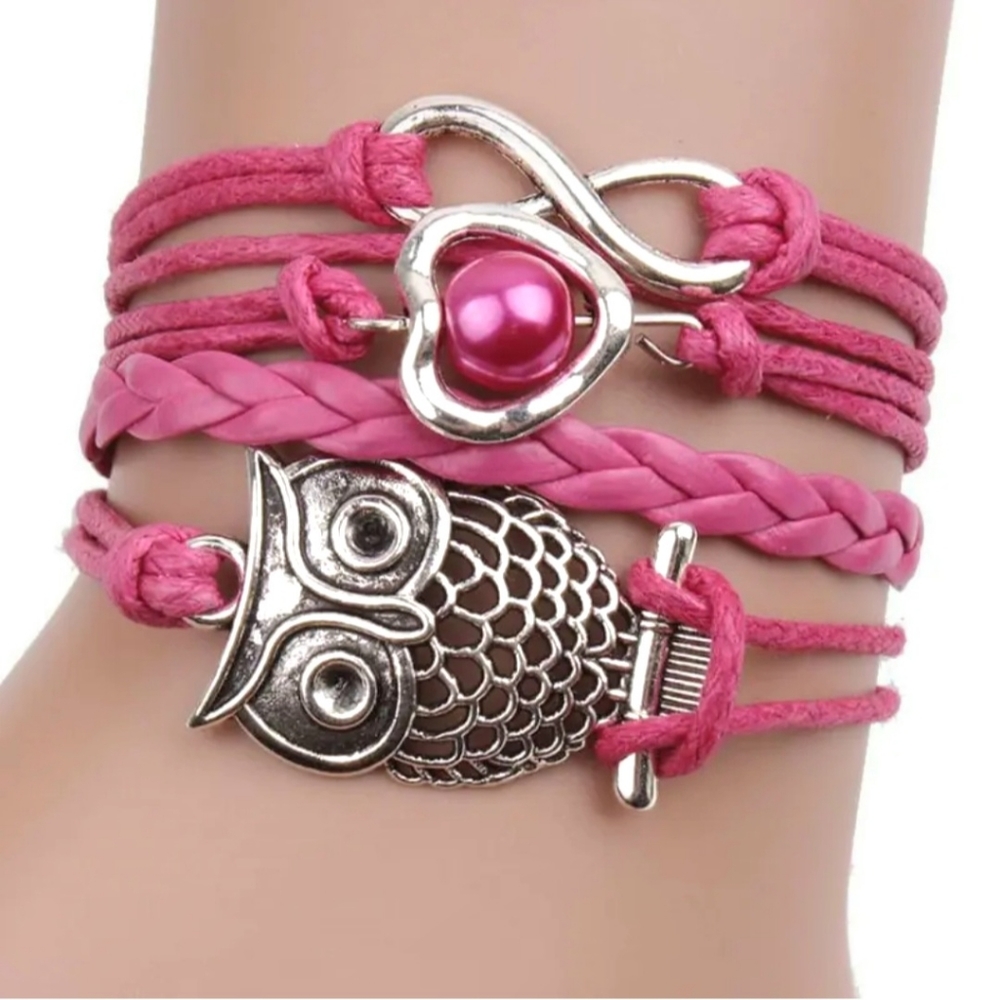 Pink & Silver Owl Infinity Heart Pearl Layered Layering Tiered Charm Bracelet